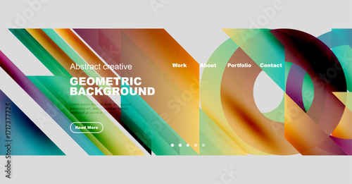 Abstract geometric background features vibrant colors, shapes, text elements. Website header design includes navigation options, button.