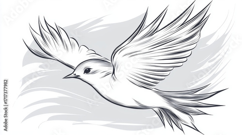 Graceful bird in flight, detailed line art, wings spread wide