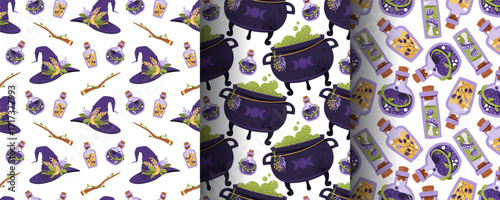 Mystic Halloween Seamless Pattern Set with Witchcraft Elements. Cauldron, Potions, Witch Hat and Magic Accessories. Flat Design Occult Backgrounds for Textile, Gift Wrap, Party Decor.