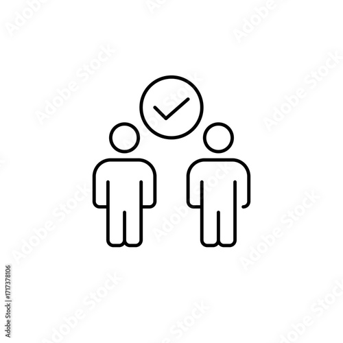 Two people and checkmark. Collaboration confirmed, trusted agreement. Secure discussion, interview or dating match. Pixel perfect, editable stroke vector icon