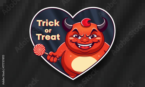Vector heart sticker, icon. Cute cartoon fat comical funny smiling gluttony demon with candy. Halloween. Trick or treat.