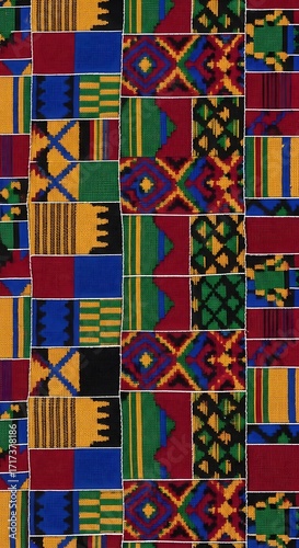 Vibrant patchwork textile design features a repeating pattern of geometric shapes and bold colors, creating an eye-catching and artistic impression.