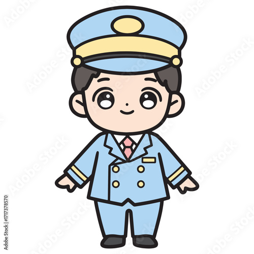 Cute cartoon illustration of a smiling male airport or train station attendant in uniform, a friendly service professional