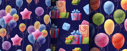 Festive Balloons and Gift Boxes with Bows Seamless Pattern Set. Birthday Gift Wrap Collection for Party Decor, Textile Design, Scrapbooking and Celebration Packaging