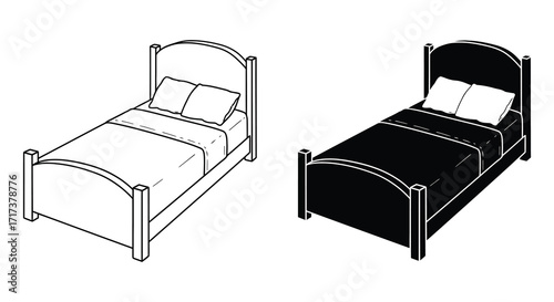 Two simple bed frame illustrations one outlined and one solid black