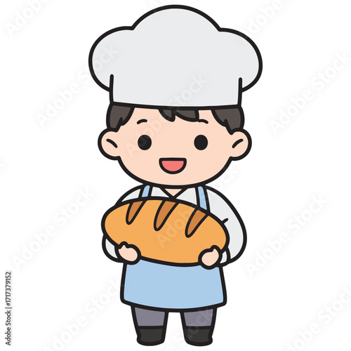 Cute cartoon baker with fresh bread, illustration of a happy chef holding a loaf, perfect for bakery advertising and food blogs