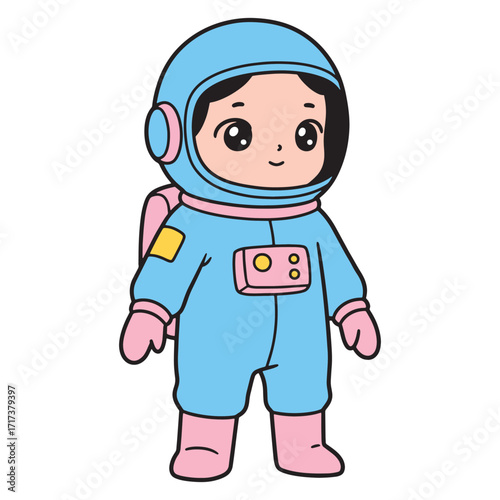 Cute cartoon child astronaut in a light blue and pink spacesuit, ready for a cosmic adventure and exploration