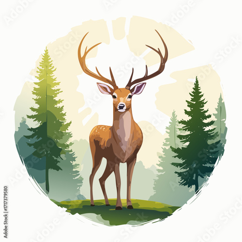 A majestic stag with large antlers stands proudly in a sunlit forest clearing, depicted in a clean, illustrative watercolor style.