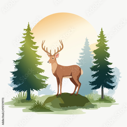 A majestic deer stands proudly on a grassy hill, surrounded by towering evergreen trees and a warm sunset.