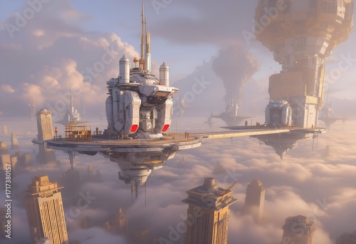 Futuristic Cityscape: Cloud-Piercing Architecture, Aerial Platforms, and Dreamy Ambiance.