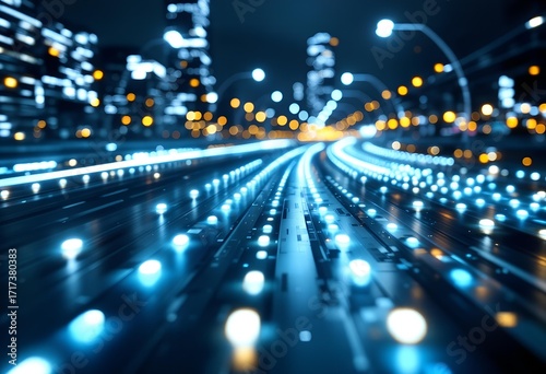 Futuristic Cityscape: Dynamic Blue Light Trails & Glowing Data Streams on a Digital Highway