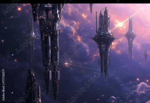 Futuristic Cityscape in Space: Alien Architecture, Celestial Clouds, Glowing Lights.