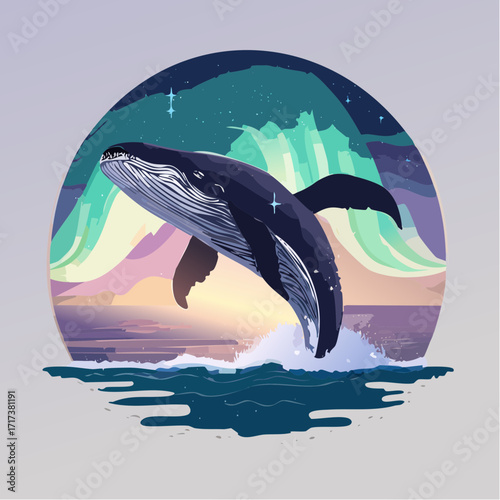 Humpback whale breaching in arctic aurora landscape.