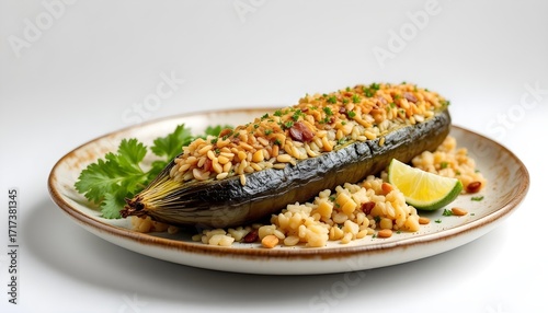 Close-up view of a stuffed zucchini with rice and almond topping, garnished with cilantro and lime, on a rustic plate against a white background, showcasing a warm and