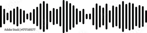 Black podcast sound wave patterns with varying amplitude bars for audio visualization and media interfaces. Digital frequency lines on white bg for music players, recording apps or broadcast design.