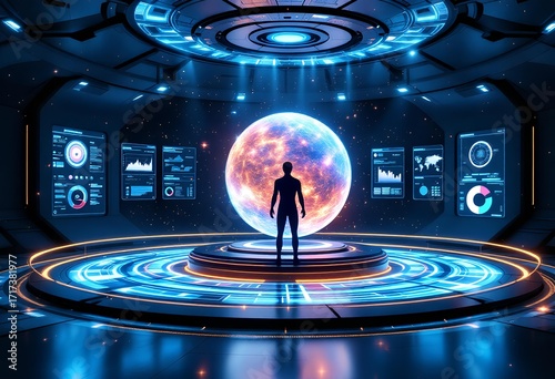 Futuristic Control Room with Silhouette and Glowing Planet Display