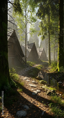 Wooden cabins nestled in a misty forest pathway, bathed in sunlight.