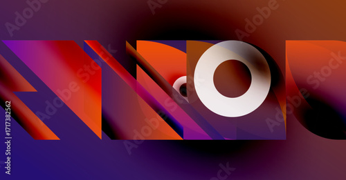 Abstract design featuring letterforms, vibrant gradients, purple, orange hues. Modern aesthetic, dynamic composition, bold shapes present.