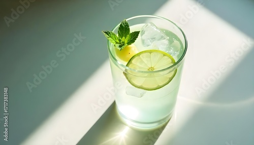 Close-up view of a refreshing lime and mint iced drink in a glass, garnished with ice and mint leaves, shot with bright, natural light against a white background,