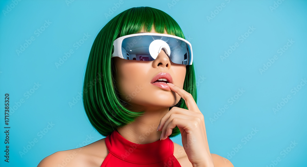 Fototapeta premium Captivating woman with vibrant green bob and futuristic mirrored visor, posing thoughtfully against a striking blue background, embodying a bold and modern cyber fashion statement