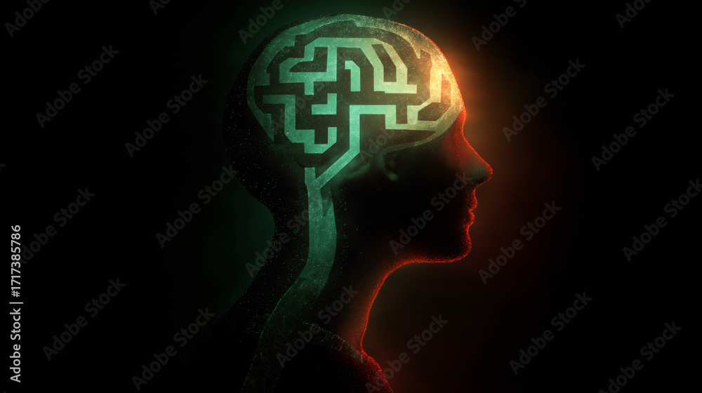 Obraz premium Glowing maze inside a human head silhouette representing the mind. Psychology, intelligence, and problem-solving concept. Abstract futuristic illustration