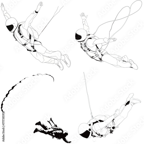 Dynamic sketches illustrate various skydiving and parachute activities, showcasing the thrill of freefall and gliding through the air. Each figure demonstrates unique maneuvers.