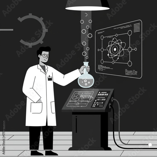 Scientist in Laboratory Vector Illustration – Modern Chemistry and Technology Research