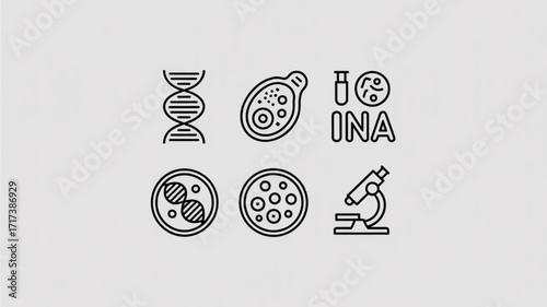 Scientific research and biotechnology icons, representing dna, cells, microscope, and laboratory analysis for medical advancement