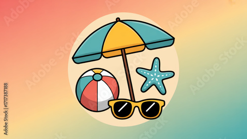 A delightful summer scene featuring a beach umbrella, beach ball, starfish, and sunglasses, all set against a vibrant gradient background