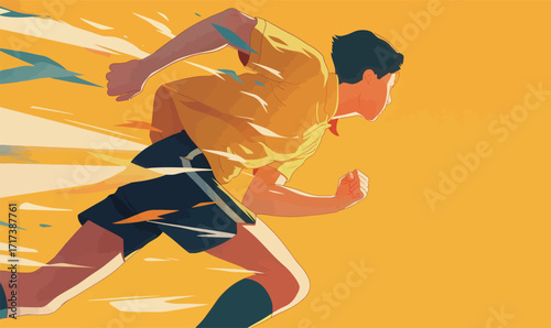 A young athlete sprints with determination, showcasing powerful movement against a bright yellow backdrop. The energetic scene captures the essence of speed and passion for sport.
