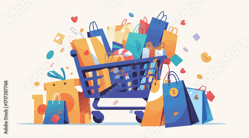 A shopping cart is filled to the brim with colorful bags and vibrant items, suggesting a lively day of shopping and celebration. Confetti adds excitement to the scene.