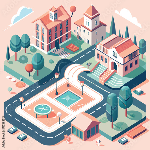 Charming stylized isometric town illustration