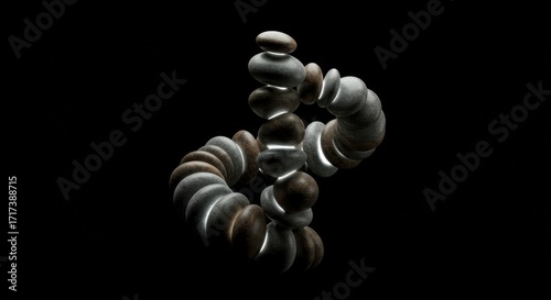 Spiraling Stone Sculpture: A mesmerizing spiral of stones ascends, a testament to nature's raw beauty and the interplay of light and shadow, forming an eye-catching abstract art composition.