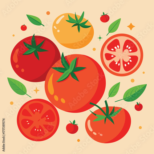 Vibrant flat illustration of assorted tomatoes