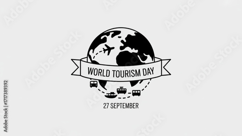 World tourism day illustration, featuring a globe, airplane, and various modes of transportation for travel and celebration