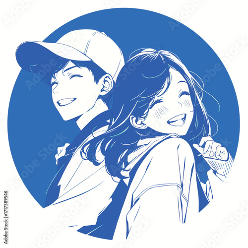 Two young friends stand back to back, smiling joyfully. One wears a cap and the other has long flowing hair, both radiating happiness against a vibrant blue backdrop.