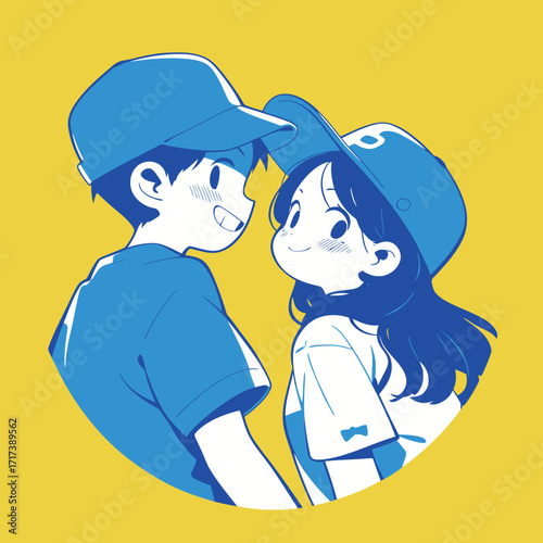 Two kids wearing blue baseball caps smile at each other, creating a joyful scene. The vibrant yellow background enhances their playful expressions, capturing a fun moment.