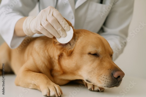 Veterinarian cleaning a dog's ear during a routine check-up at an animal clinic in the morning