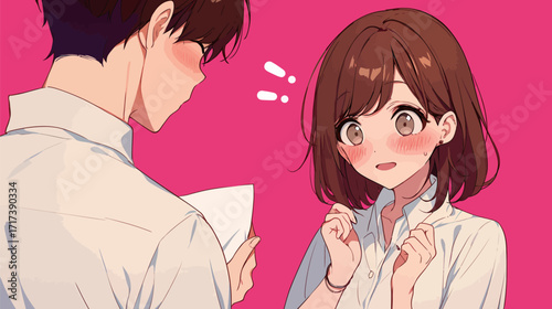 A boy and girl share an adorable interaction with blushing cheeks. The bright pink backdrop enhances their youthful expressions and excitement.