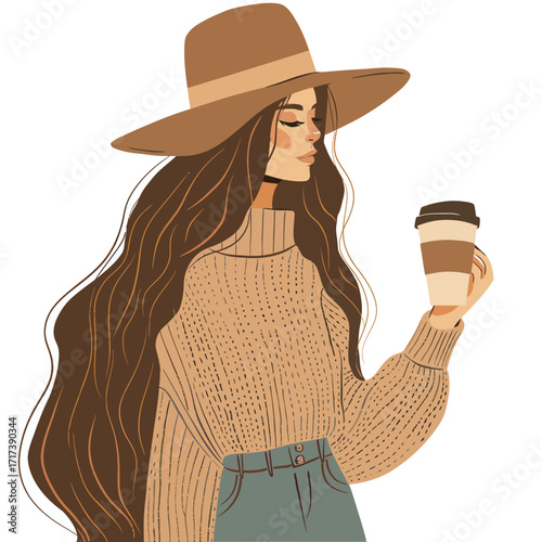 A fashionable woman stands confidently, holding a coffee cup. Her long hair cascades down while she wears a cozy sweater and a wide-brimmed hat, perfect for a relaxed outing.