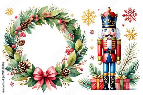 Festive watercolor Christmas arrangement with nutcracker wreath gifts and snowflakes creating a joyful holiday season