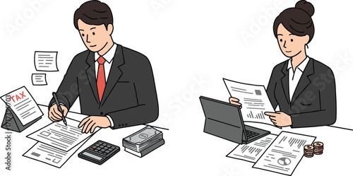 Businessman calculating tax documents with calculator and businesswoman analyzing financial reports on laptop, accounting finance office paperwork illustration for business