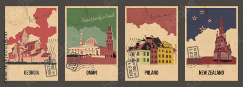 Countries Main Attractions Retro Cards. Georgia Svetitskhoveli Cathedral, Oman Sultan Qaboos Grand Mosque in Muscat, Poland Warsaw Old Market Place Buildings, New Zealand Dunedin Northern Cemetery 