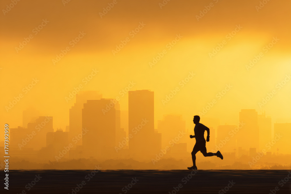 Fototapeta premium Marathon Runner Silhouette at Dawn with Urban Cityscape Background
