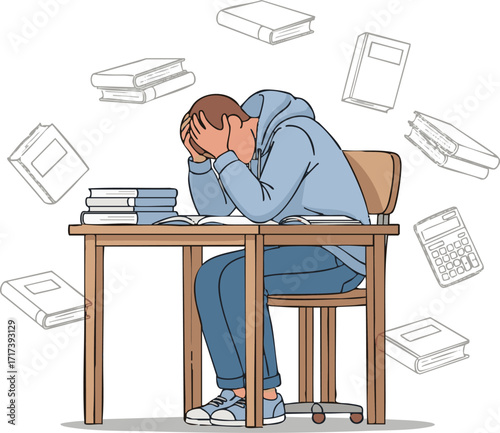 Stressed student sits at desk surrounded by books, overwhelmed by studying for exams in a chaotic and anxious atmosphere.