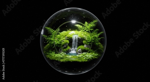 Ethereal Terrarium Sphere: An enclosed ecosystem, a miniature world flourishing within a transparent glass sphere, showcasing a waterfall and lush greenery.