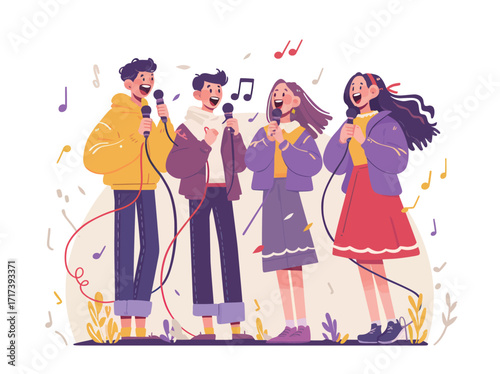 Four friends gather for a karaoke night, each holding a microphone. They sing together, sharing smiles and laughter in a lively atmosphere filled with music notes.