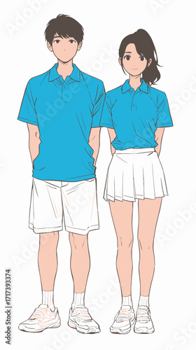 Two young athletes stand side by side, dressed in matching blue polo shirts and white shorts, promoting teamwork and fitness in sports.