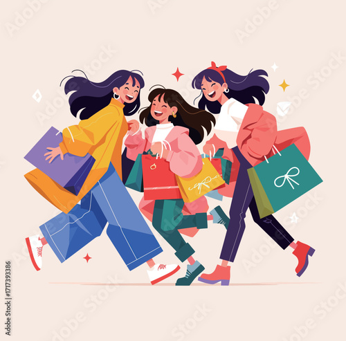 Three friends happily walk together, carrying shopping bags filled with new items. Their laughter and excitement fill the air as they share this enjoyable day.