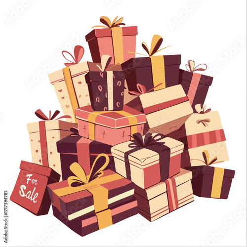 A vibrant display of assorted gift boxes is piled up, showcasing various colors and patterns, perfect for holiday celebrations and events.